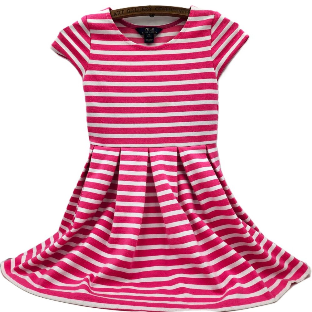 POLO RALPH LAUREN Girls Pleated A-Line Dress Medium (8-10) Pink Striped